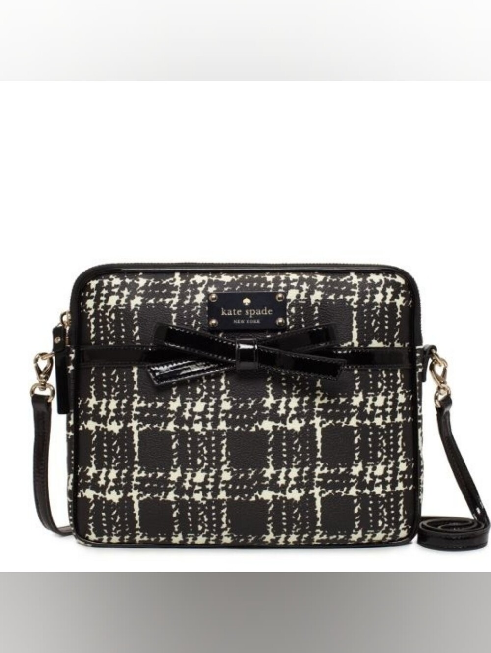 kate spade Black and White Tweed-Style Bow Crossbody Bag / Tablet Case